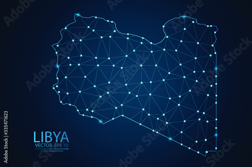 Abstract mash line and point scales on dark background with map of Libya. Wire frame 3D mesh polygonal network line, design sphere, dot and structure. Vector illustration eps 10.