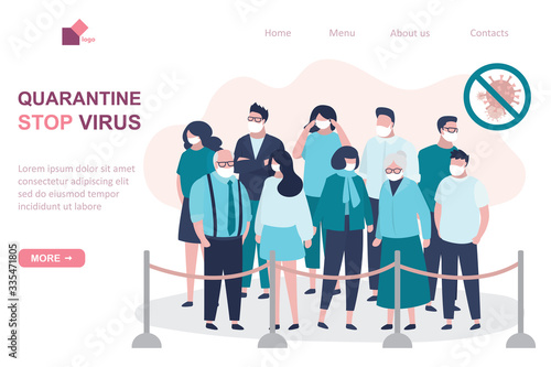 Viral quarantine landing page template, sick masked people. Group of infected people quarantined.