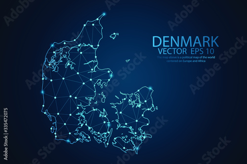 Abstract mash line and point scales on dark background with map of Denmark. Wire frame 3D mesh polygonal network line, design sphere, dot and structure. Vector illustration eps 10.