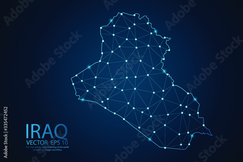 Abstract mesh line and point scales on dark background with map of Iraq. Wire frame 3D mesh polygonal network line, design sphere, dot and structure. Vector illustration eps 10.