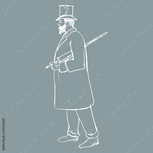 Isolated vector illustration. Standing man in vintage clothes. Victorian gentleman in cylinder with umbrella. XIX century fashion. Hand drawn linear sketch. Monochrome silhouette. 