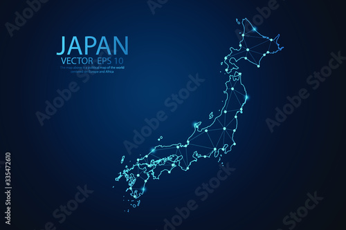 Abstract mesh line and point scales on dark background with map of Japan. Wire frame 3D mesh polygonal network line, design sphere, dot and structure. Vector illustration eps 10.