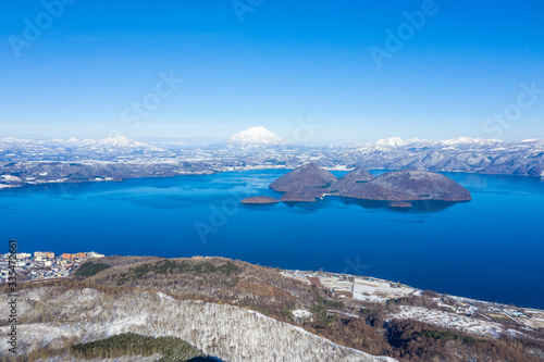 Aerial view of Lake Toya of winter season in Hokkaido, Japan