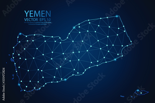 Abstract mash line and point scales on dark background with map of Yemen. Wire frame 3D mesh polygonal network line, polygon design sphere, dot and structure. Vector illustration eps 10. photo
