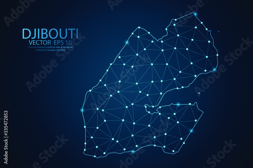 Abstract mash line and point scales on dark background with map of Djibouti. Wire frame 3D mesh polygonal network line, polygon design sphere, dot and structure. Vector illustration eps 10.