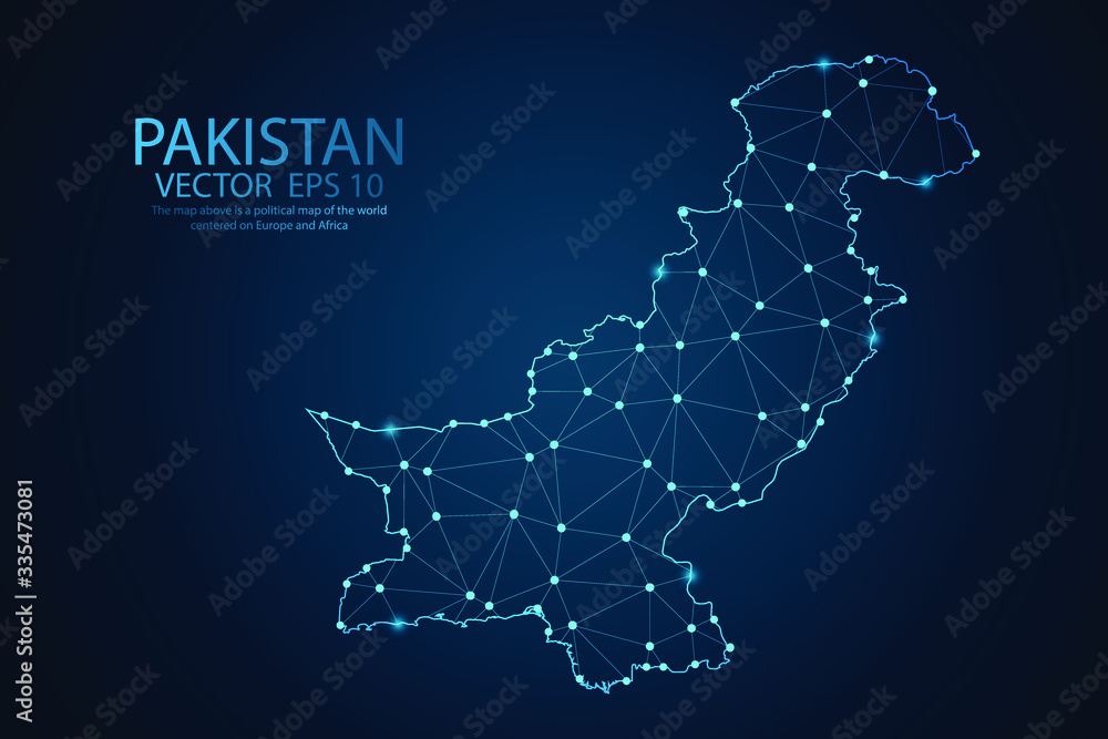 Abstract mash line and point scales on dark background with map of Pakistan. Wire frame 3D mesh polygonal network line, polygon design sphere, dot and structure. Vector illustration eps 10.