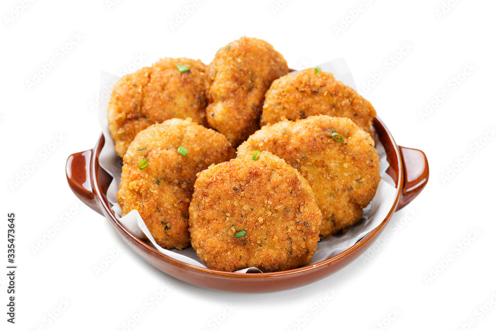 Delicious crispy fried breaded chicken patties . isolated on white background Delicious crispy fried breaded chicken patties . isolated on white background