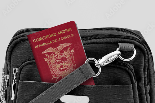 Close up of Ecuador Passport in Black Travel Bag Pocket