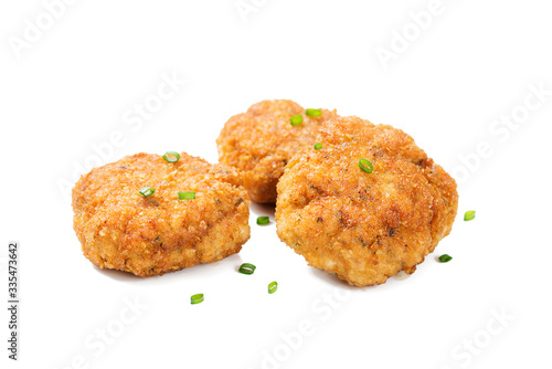 Delicious crispy fried breaded chicken patties . isolated on white background