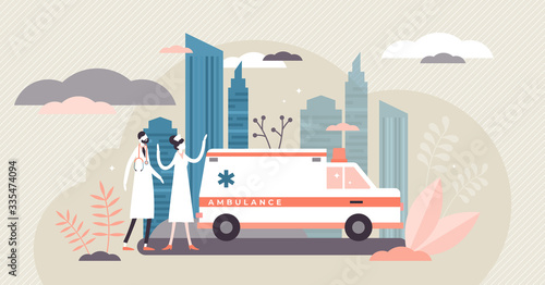 Ambulance car vector illustration. Medical vehicle flat tiny persons concept.