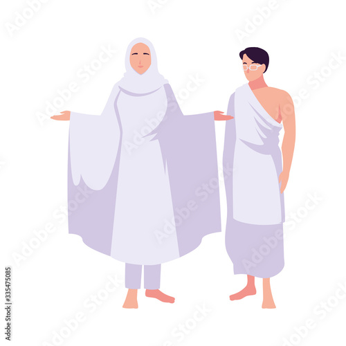 couple of people pilgrims hajj standing on white background