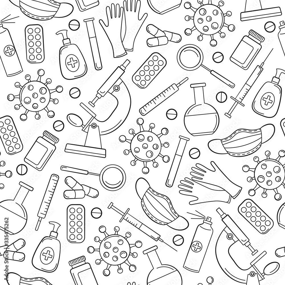 Seamless pattern on the theme of medicine and diseases, medical equipment and viruses, contour dark icons on a white background Seamless pattern on the theme of medicine and diseases, medical equipment and viruses, contour dark icons on a white background