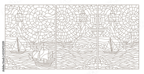 Set contour illustrations of stained glass seascapes, lighthouses and ships, dark outlines on a white background