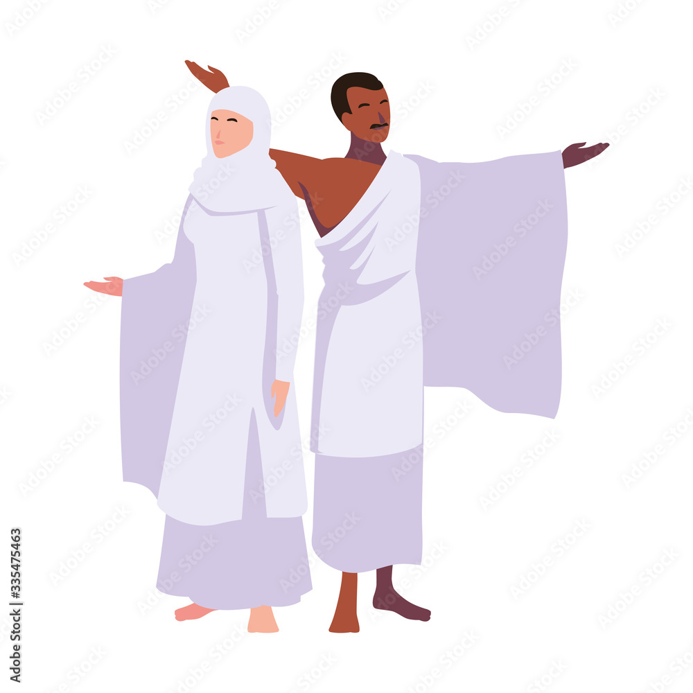 couple of people pilgrims hajj standing on white background couple of people pilgrims hajj standing on white background