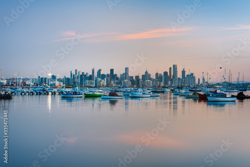 Sunrise over Melbourne skyline from Williamstown
