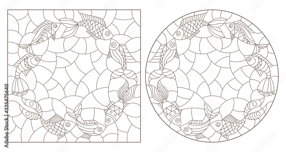 Set of contour illustrations of stained glass Windows with patterned fish, dark outlines on a white background Set of contour illustrations of stained glass Windows with patterned fish, dark outlines on a white background