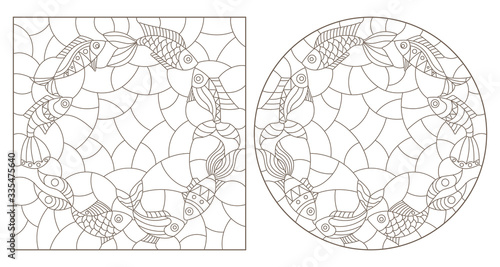 Set of contour illustrations of stained glass Windows with patterned fish, dark outlines on a white background