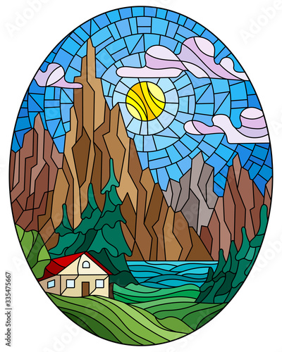 Illustration in stained glass style with a lonely house on a background of pine forests, lakes , mountains and day-Sunny sky with clouds, oval image