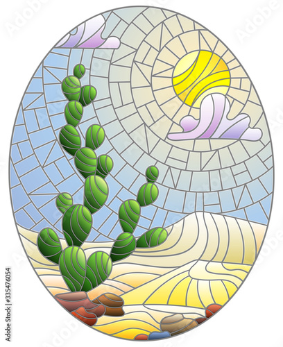 The illustration in stained glass style painting with desert landscape, cactus in a lbackground of dunes, sky and sun, oval image