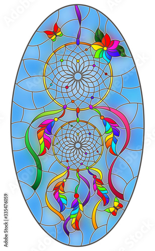 Illustration in stained glass style with dream catcher and butterflies on sky background