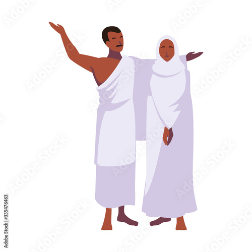 couple of people pilgrims hajj standing on white background