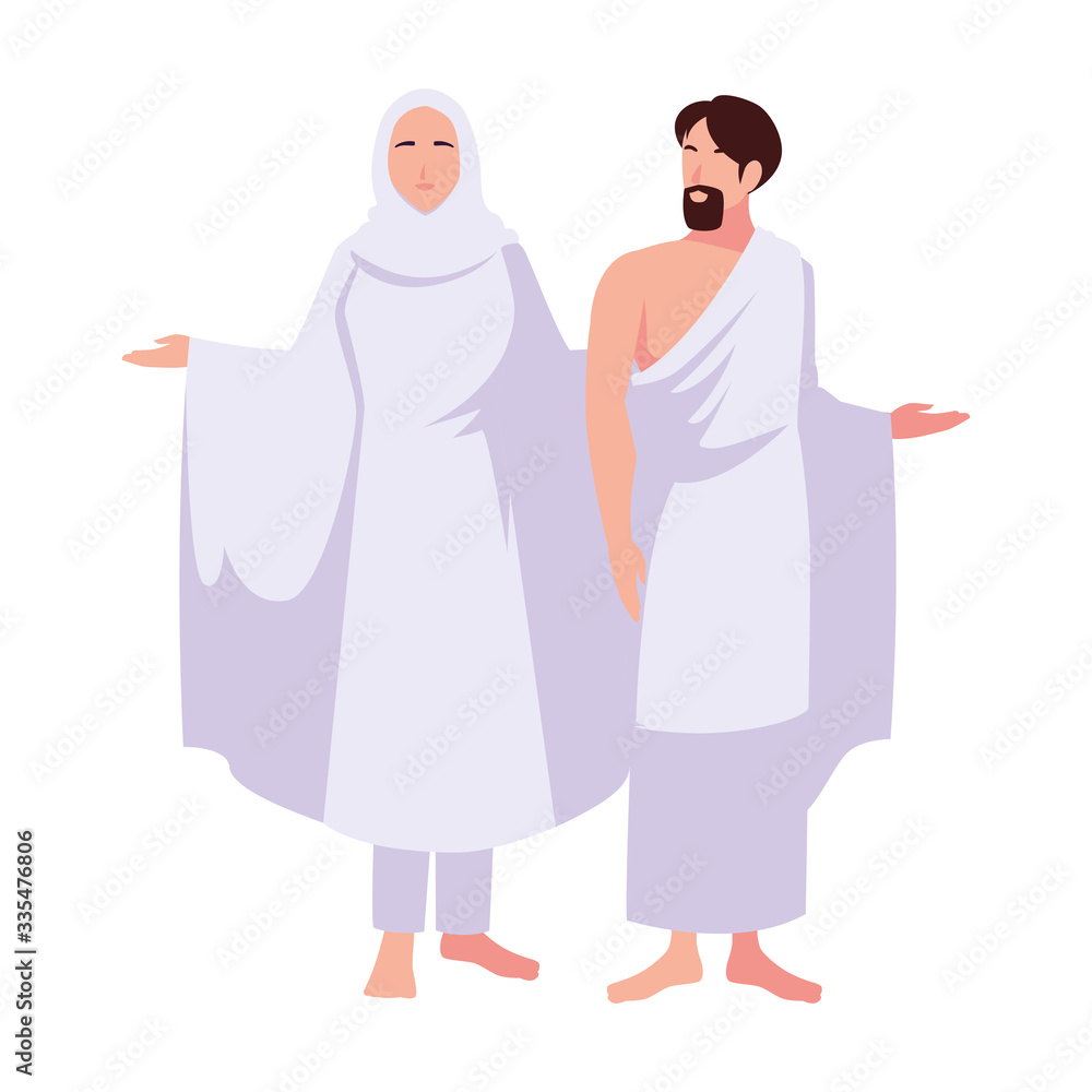 couple of people pilgrims hajj standing on white background couple of people pilgrims hajj standing on white background