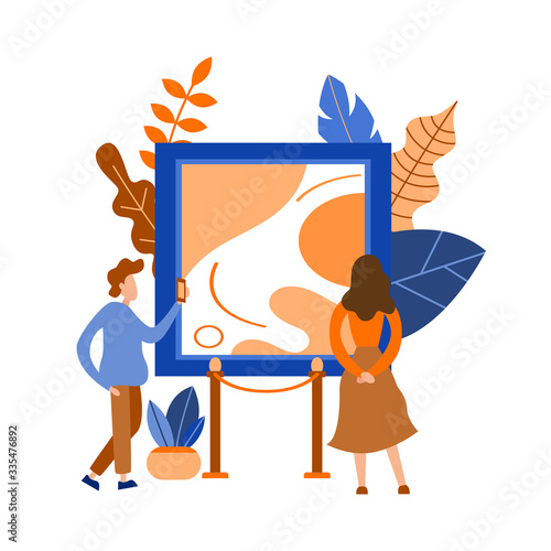 Creative art gallery. Museum exhibition with people. Poster cartoon concept. Showroom artwork design. Flat vector illustration