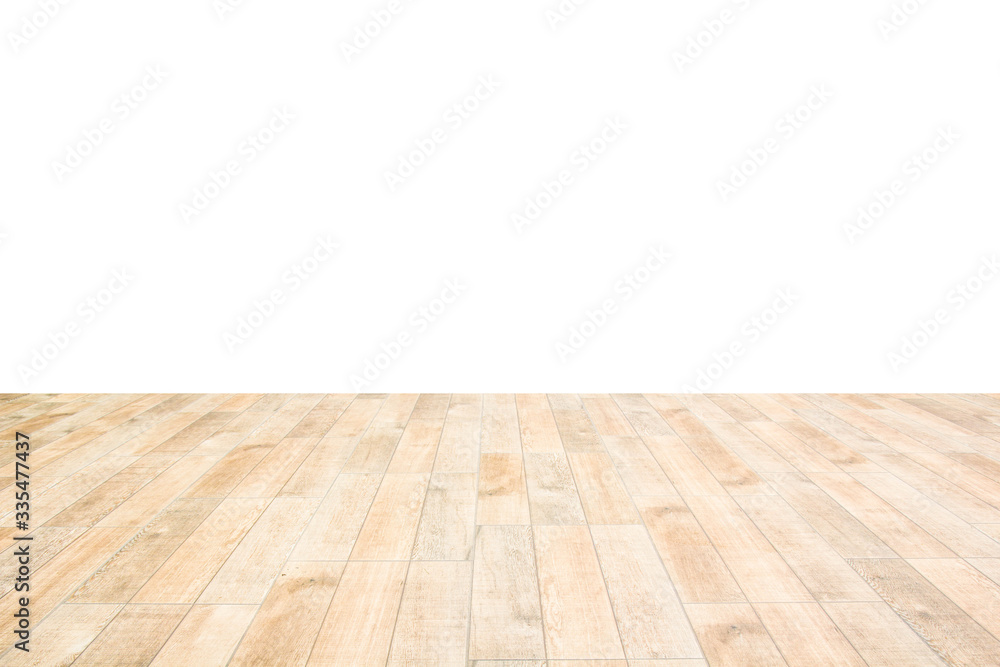 Wood floor perspective view with wooden texture on white wall background