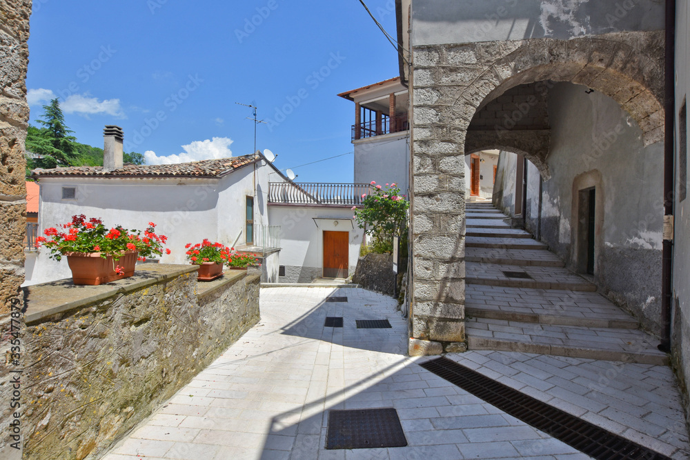 Cerro al Volturno, Italy, 06/02/2018. A narrow street between the small houses of a medieval village in the Molise region