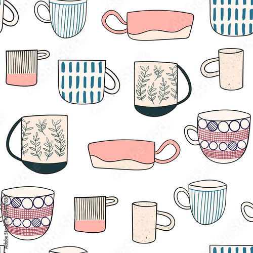 Handmade ceramics doodle seamless pattern. Cute hand drawn cups and mugs. Vector template design for textile, backgrounds, packages, wrapping paper, fabric, wallpaper.