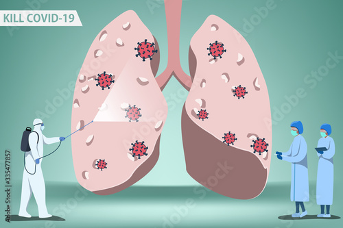 Doctor analyzed the disease And scientists spraying antiseptics to kill virus cells That is destroying the lung until it is damaged Covid-19 concept vector illustration