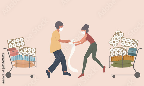 Shopper male and female fight for the toilet paper and hoarding food to prepare for the worst in virus spreads