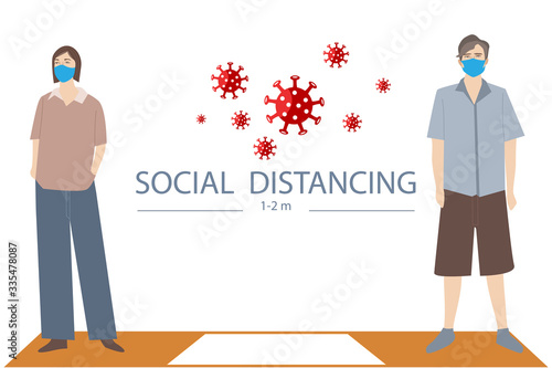 Male and Female make Social Distancing to prevent infection of Covid-19 pandemic with Coronavirus cell design concept vector