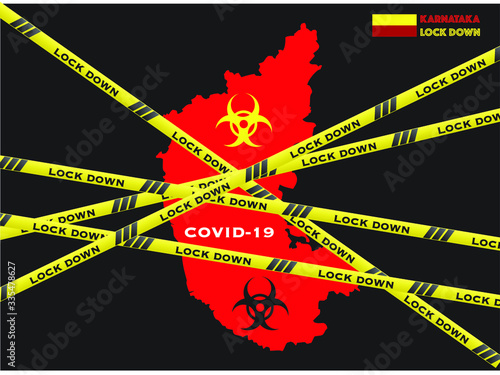 India national karnataka state lockdown due to coronavirus crisis covid-19 disease. India under lockdown with karnataka map 