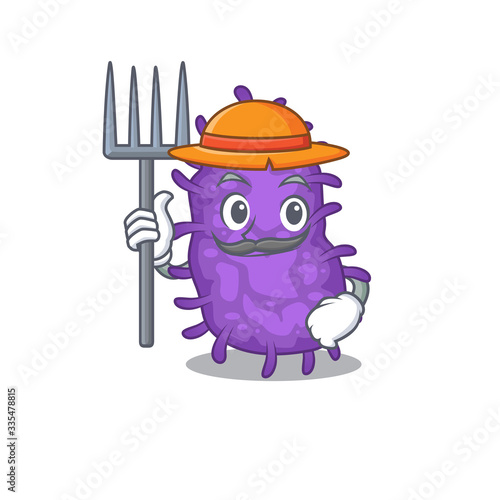 Cartoon character design of bacteria bacilli as a Farmer with hat and pitchfork