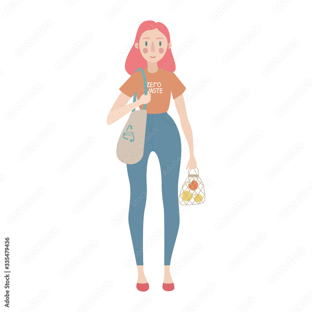 Zero waste woman with reusable shopping bags. Girl care about the environment. Waste reduce, zero waste people, sustainable lifestyle concepts. Flat design. Vector stock illustration. Zero waste woman with reusable shopping bags. Girl care about the environment. Waste reduce, zero waste people, sustainable lifestyle concepts. Flat design. Vector stock illustration.