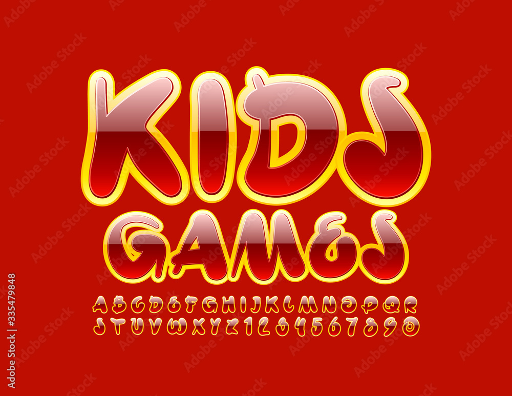 Vector bright logo Kids Games. Creative Red and Yellow Font. Glossy Alphabet Letters and Numbers