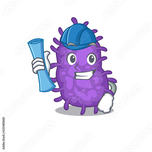 Cartoon character of bacteria bacilli brainy Architect with blue prints and blue helmet