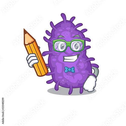 A brainy student bacteria bacilli cartoon character with pencil and glasses