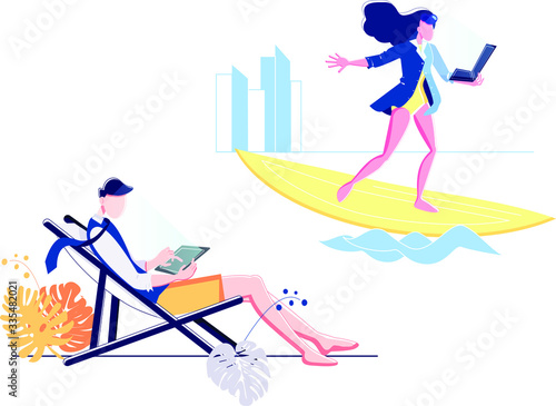 Set of people working remotely. Freelance concept. The girl on the surfboard with a laptop in hand ,online courses . The guy is lying on a chaise longue lying and working on a tablet.Vector stock