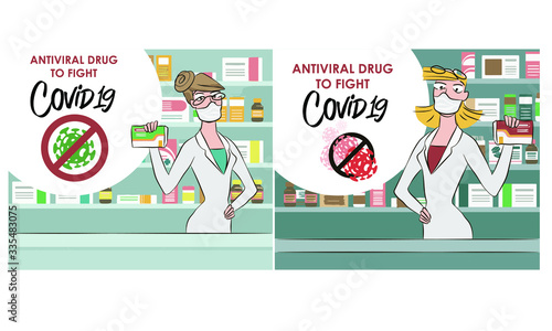 Woman pharmacist standing at the counter in a pharmacy recommending a new medicine. Fighting the virus with antibiotics. - Vector. antiviral drug for combating Covid-19