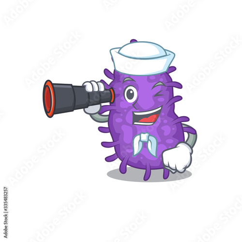 A cartoon icon of bacteria bacilli Sailor with binocular