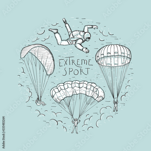 Doodle sketches vector round composition with hand drawn skydivers flying with a paraglider and parachute. Extreme sports handwritten lettering. Design for print, cover, poster and banner