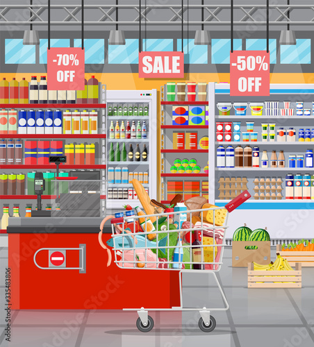 Supermarket store interior with goods. Big shopping mall. Interior store inside. Checkout counter  cash machine  grocery  drinks  food  fruits  dairy products. Vector illustration in flat style