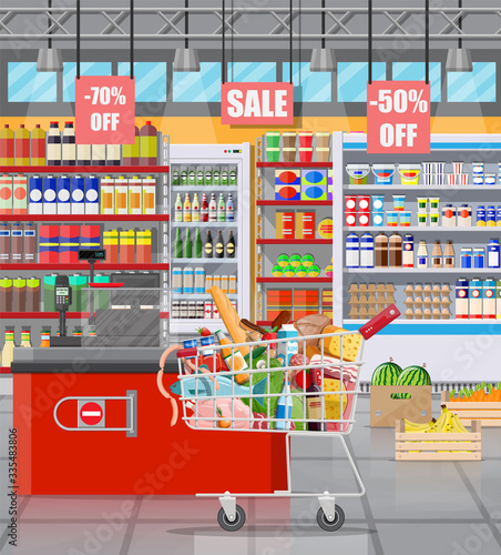 Supermarket store interior with goods. Big shopping mall. Interior store inside. Checkout counter, cash machine, grocery, drinks, food, fruits, dairy products. Vector illustration in flat style