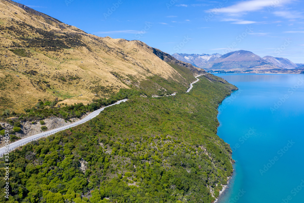Amazing road trip view in New Zealand, hdr epic panorama Lake Wakatipu along Queenstown and Glenorchy