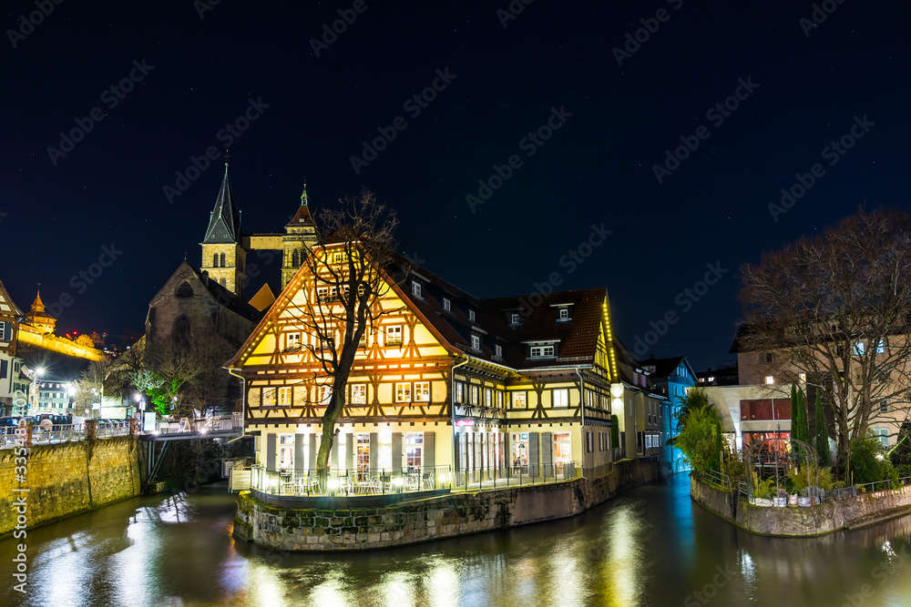 Germany, Famous city district little venice in medieval city esslingen am neckar illuminated by night under magical starry sky full of stars
