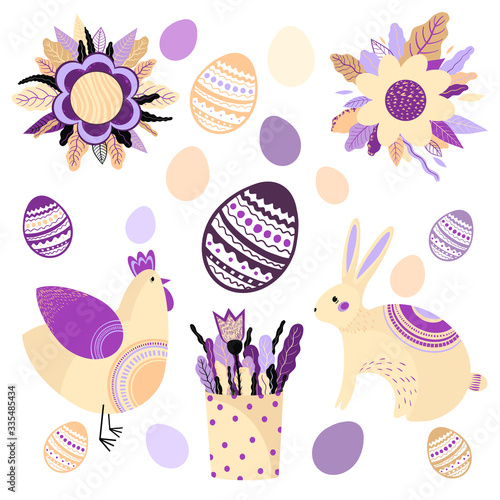 Vector Easter and spring set with cute bunni, birds, chicken, eggs, flowers. Collection of objects symbolizing the beginning of the spring. Flat illustration. Hand drawn photo