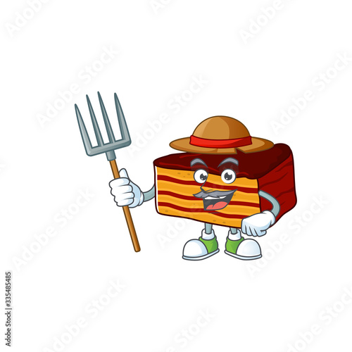 Mascot design style of Farmer dobos torte with hat and pitchfork