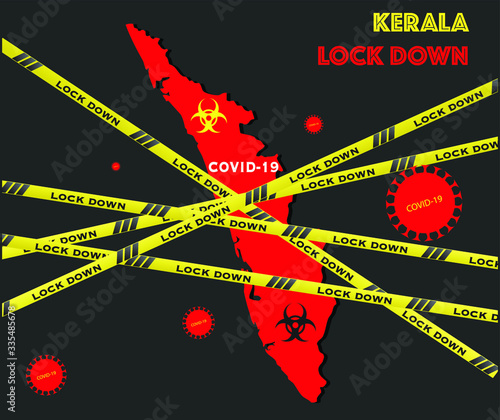 India national kerala state lockdown due to coronavirus crisis covid-19 disease. India under lockdown with kerala map 